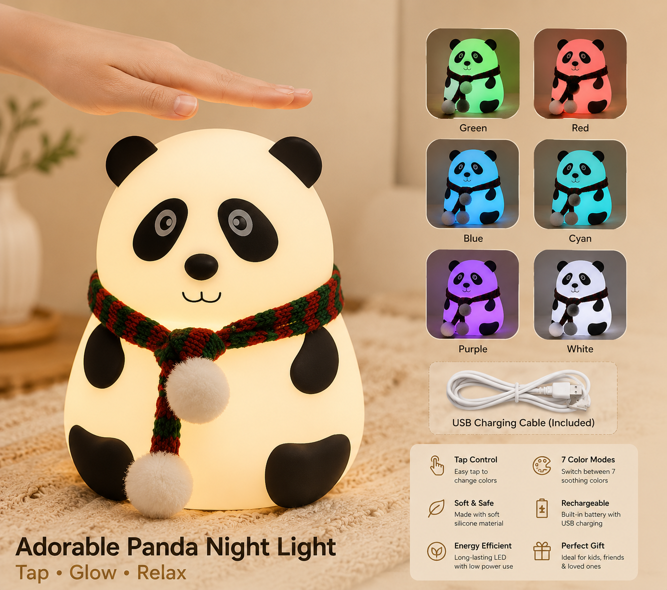 Panda Night Light for Kids - Soft Rechargeable Lamp with Tap Control, Multi-Color Modes, and Non-Slip Base - Perfect for Bedside, Baby Rooms, and Gifting