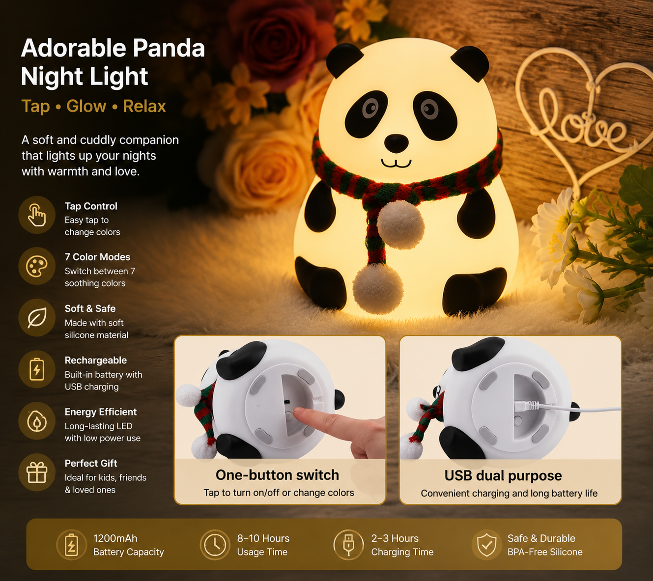 Panda Night Light for Kids - Soft Rechargeable Lamp with Tap Control, Multi-Color Modes, and Non-Slip Base - Perfect for Bedside, Baby Rooms, and Gifting