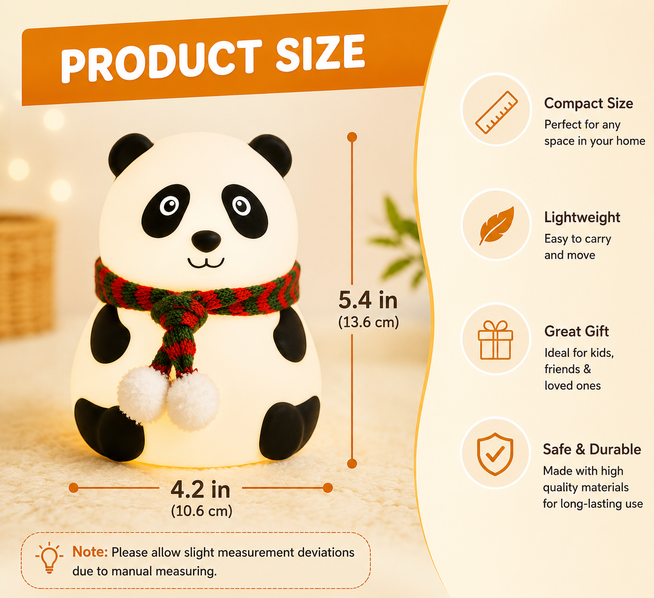 Panda Night Light for Kids - Soft Rechargeable Lamp with Tap Control, Multi-Color Modes, and Non-Slip Base - Perfect for Bedside, Baby Rooms, and Gifting